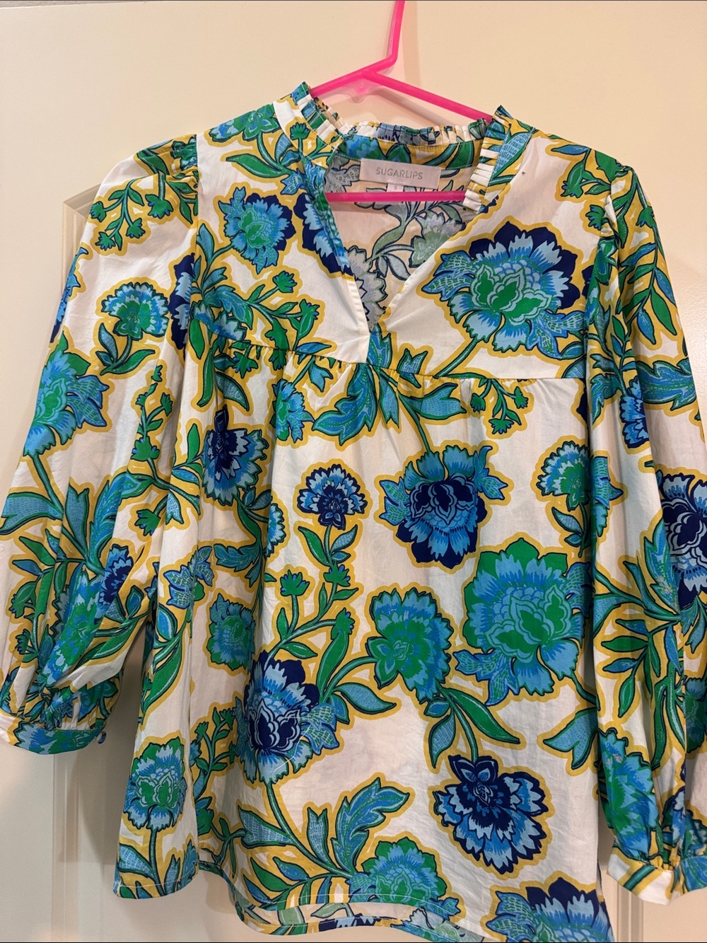 Sugarlips Blue & Green Floral Popover Top. Worn 2 times
